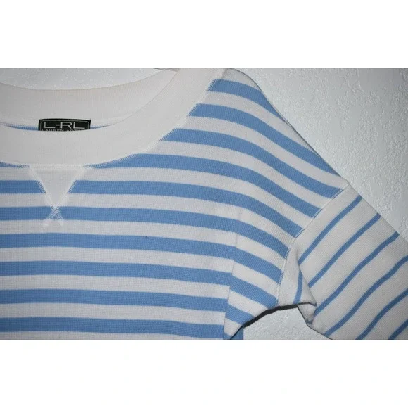 Lauren Ralph Lauren XL Nautical Stripe Top Drop Shoulder Lt Blue White Coastal - Picture 14 of 16